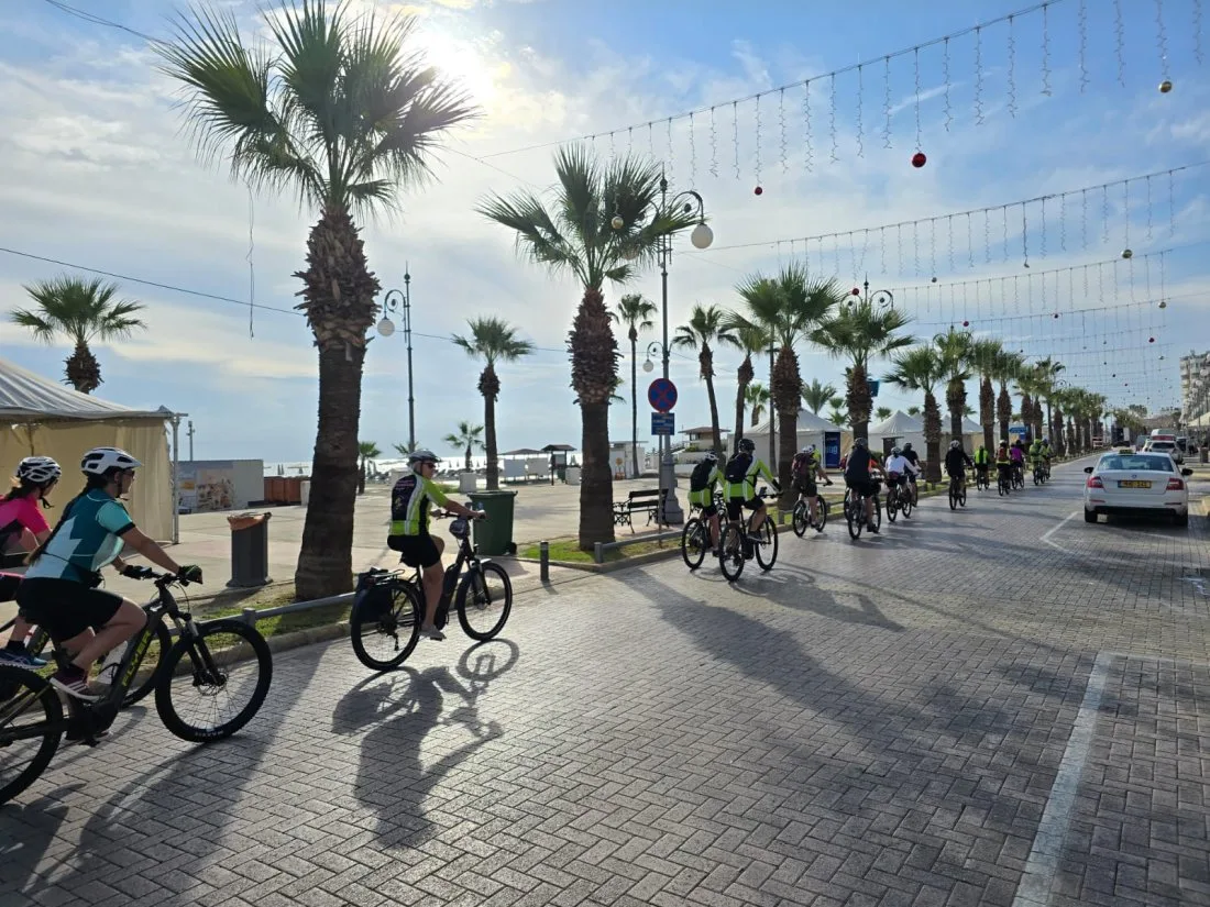 Radgruppe in Warnwesten fährt eine Palmenpromenade am Meer entlang